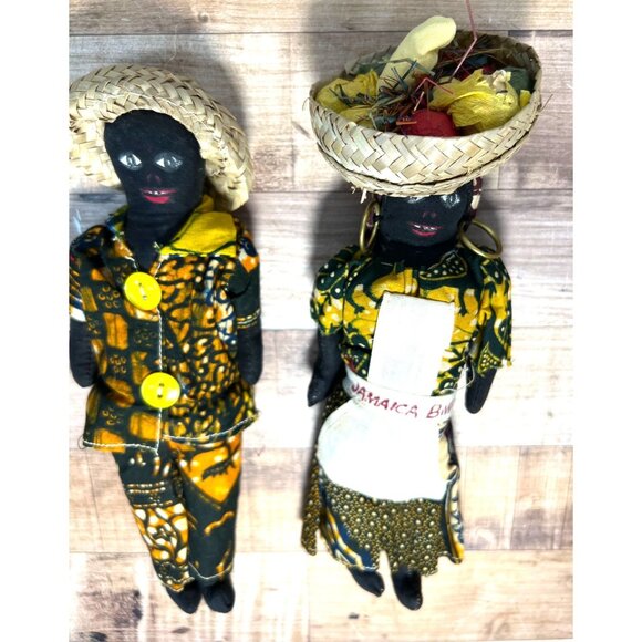 Handmade Jamaican Black Cloth Dolls In Traditional Attire With Hats - Set Of 2 - Picture 3 of 4
